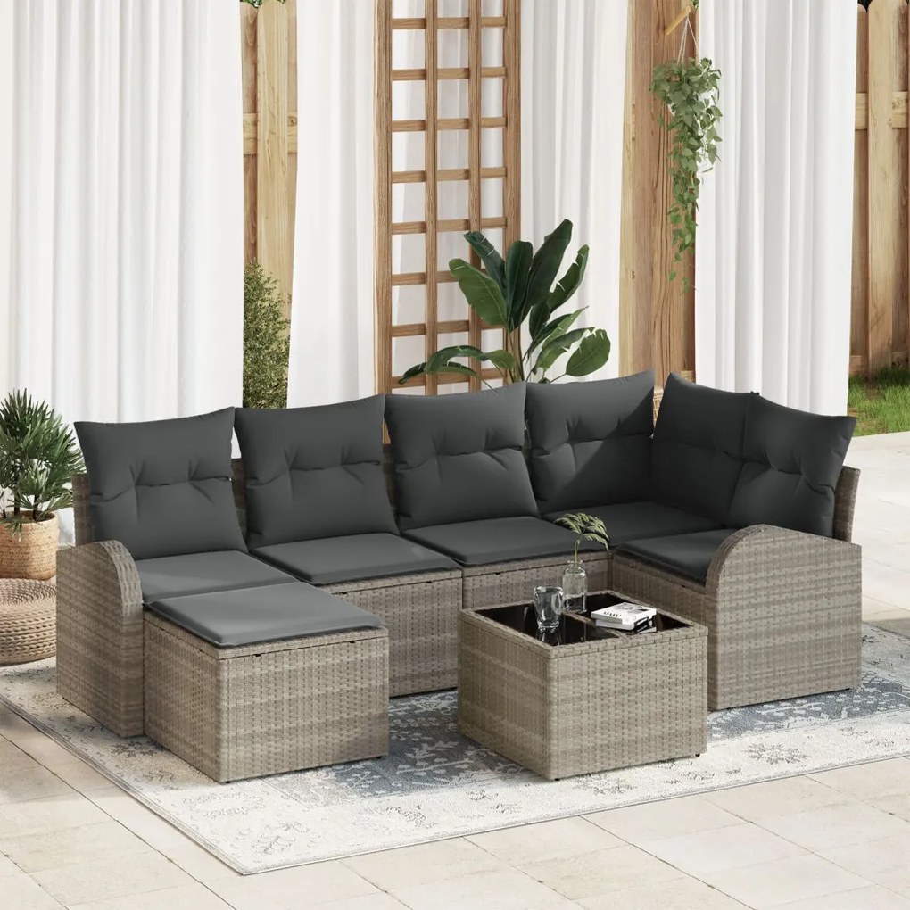 7 darabos kerti kanapészett párnákkal szürke Poly Rattan, 2 fős kerti kanapé tárolóval és párnákkal világosszürke Poly Rattan