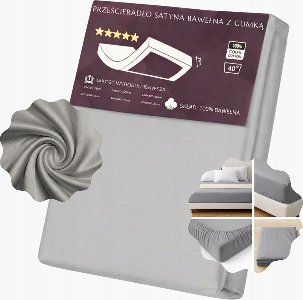 Gumis lepedő 180x200cm 25cm Szürke Szatén Pamut Kellemes Tartós