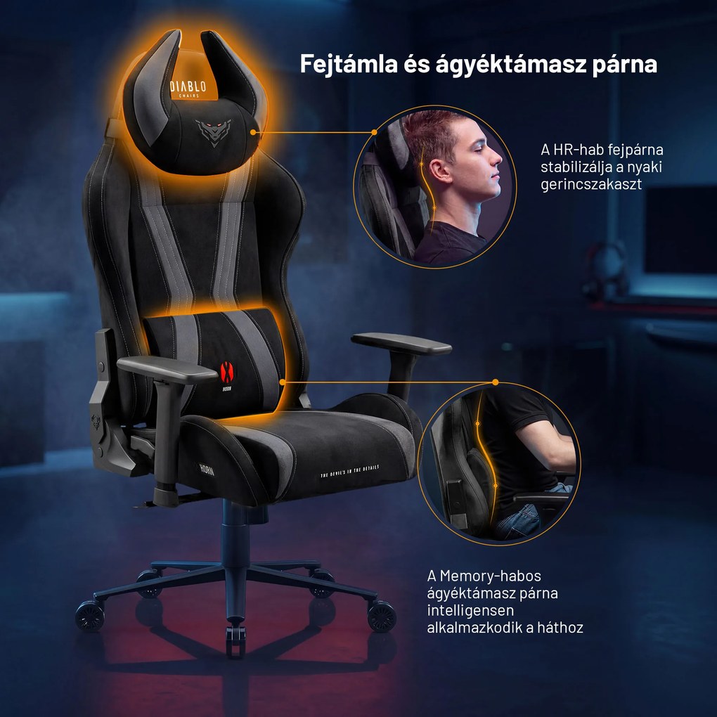 Gamer szék szövet fekete Normal Size: Diablo X-Horn 2.0 Burned Black