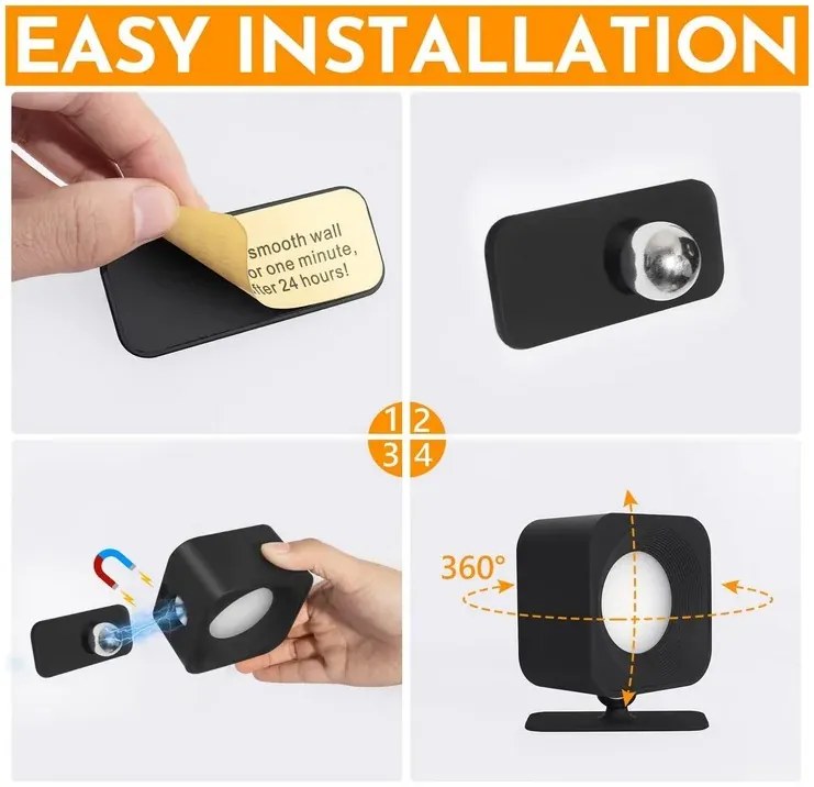 Vezeték nélküli mágneses LED lámpa az ágy fölé - fekete