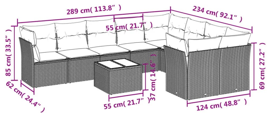 10 részes fekete polyrattan kerti ülőgarnitúra párnákkal