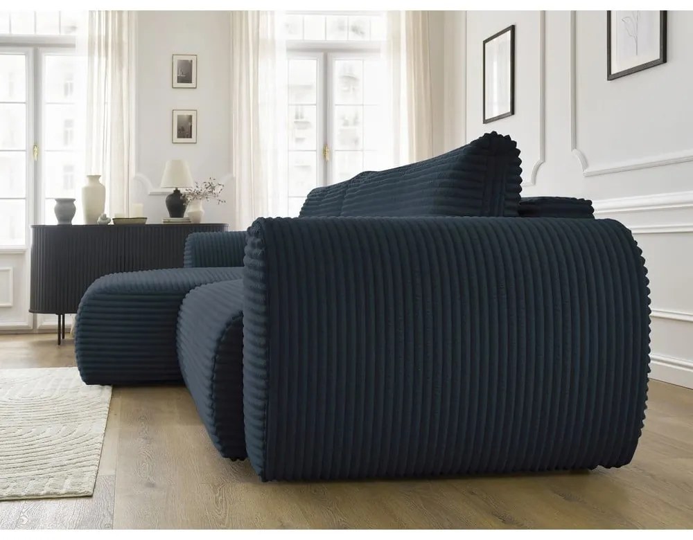 Sötétkék kordbársony kinyitható sarokkanapé (bal oldali) Lucien – Bobochic Paris