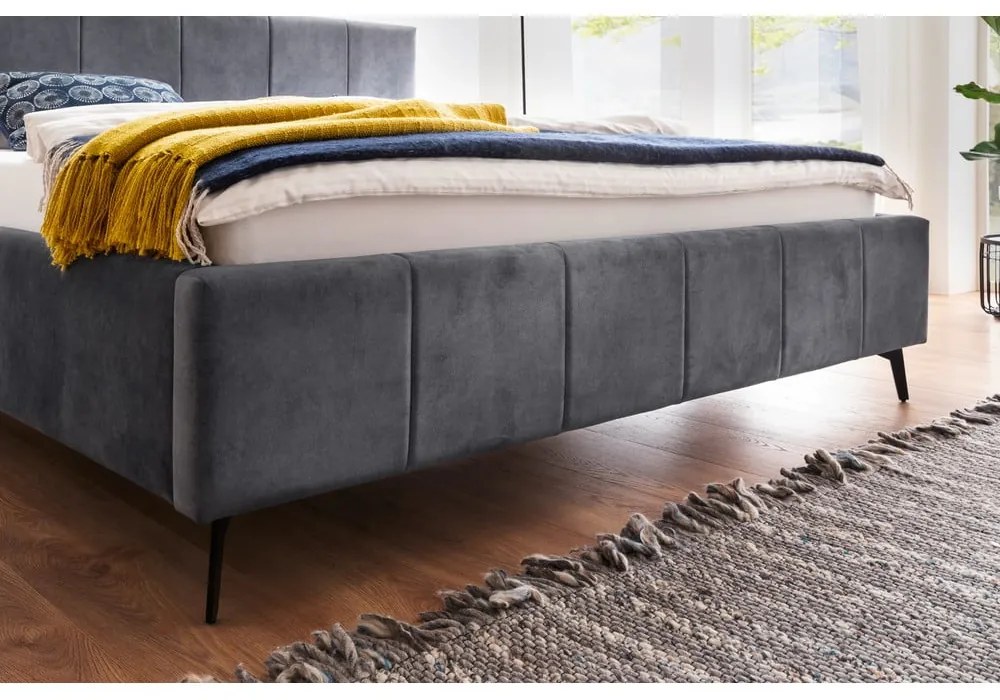Antracitszürke kárpitozott ágyneműtartós franciaágy ágyráccsal 160x200 cm Lizzano – Meise Möbel