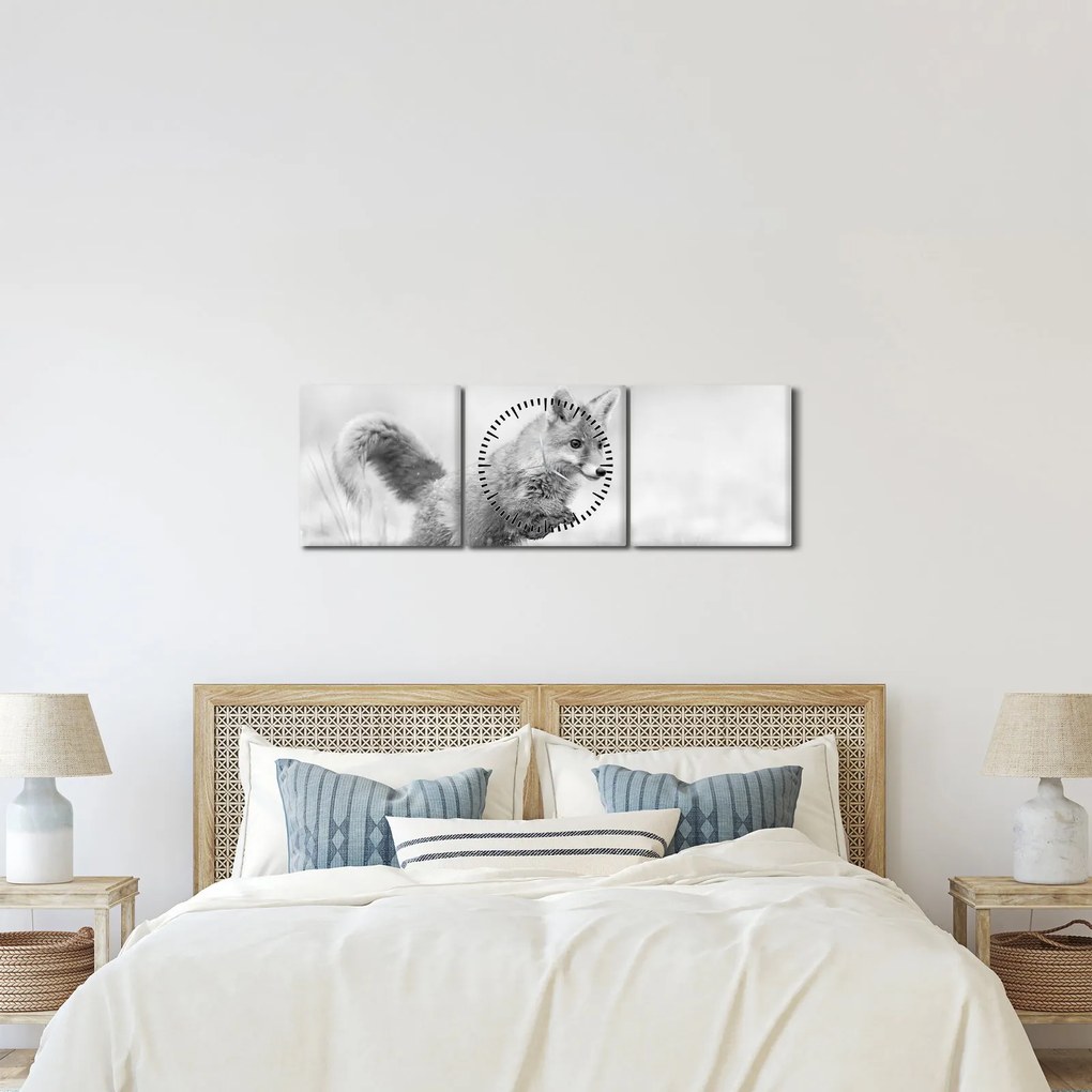 Kép - Ugró róka, fekete-fehér (órával) (90x30 cm)