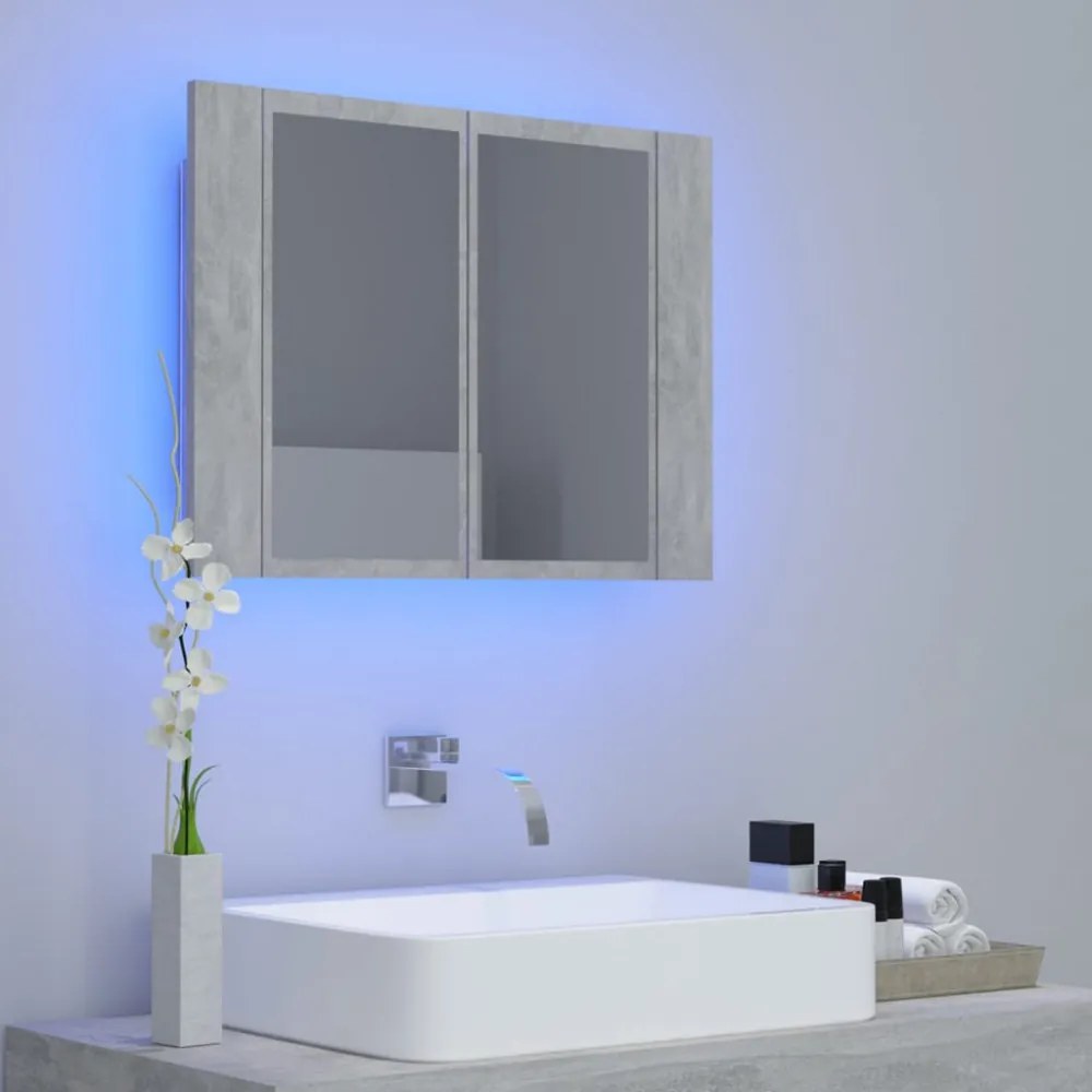 betonszürke akril LED-es tükrös fürdőszobaszekrény 60x12x45 cm
