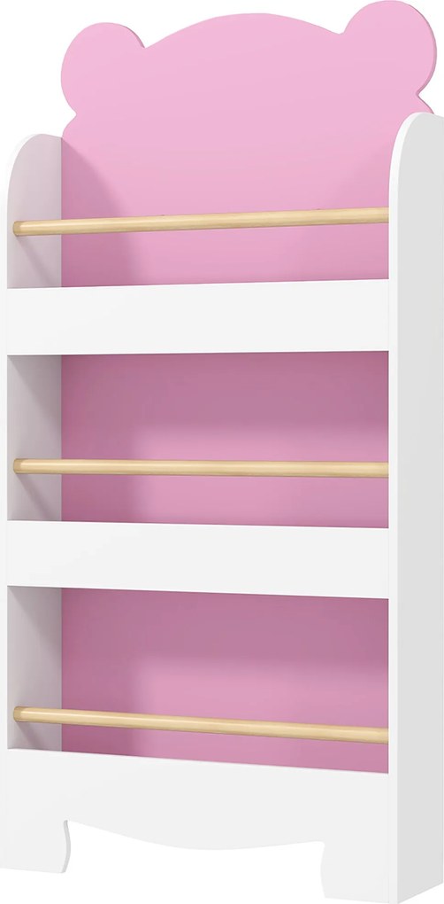 AIYAPLAY Gyermek Könyvespolc 3 Polccal, Térkihasználó Medveformájú Polc Előre Hajtott Barrierek, Hálóba és Nappaliba, 55x15x110 cm, Rózsaszín | Aosom