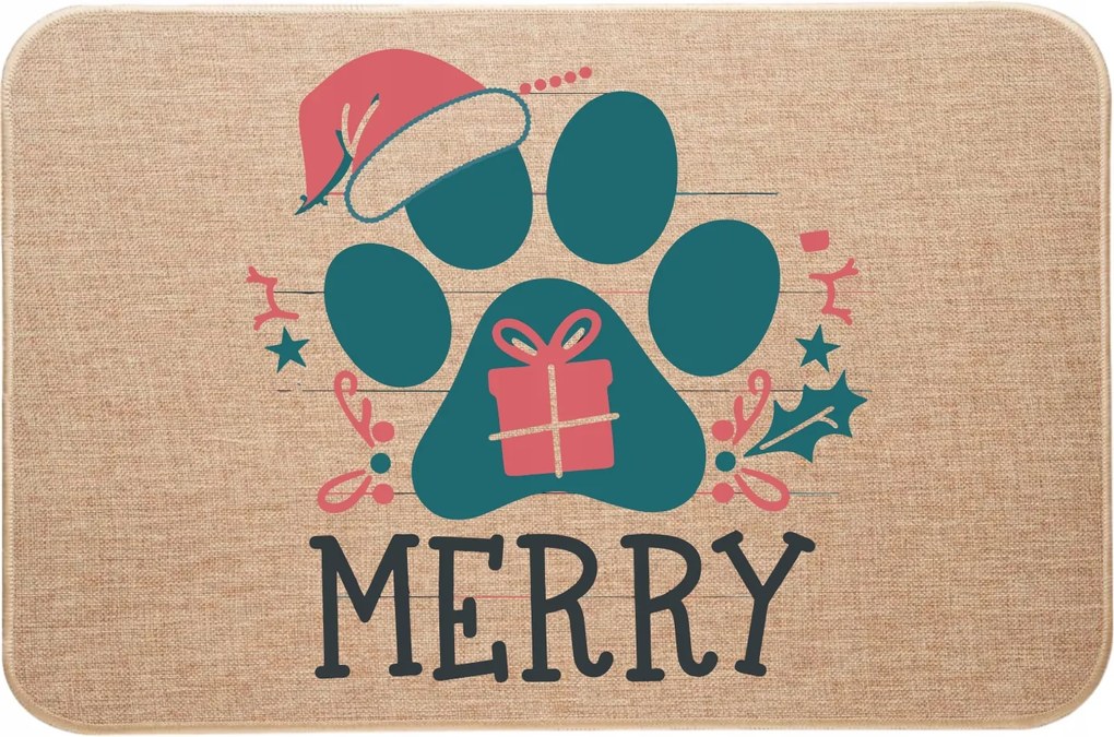 Karácsonyi Lábtörlő Merry Christmas lenvászon kutya mancsokkal wz.2