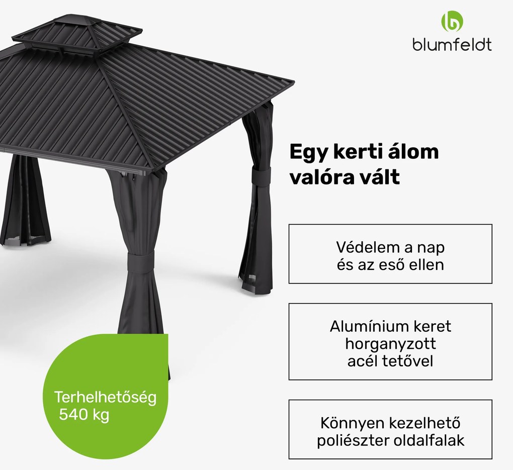 Blumfeldt ShadeFortress, pavilon, 3 x 3 m, horganyzott acél tető, véd a nap, eső és szél ellen