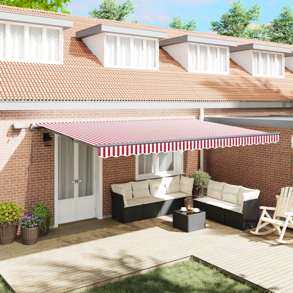 Kézi behúzható napellenző LED világítással, piros-fehér csíkos, 500x350 cm