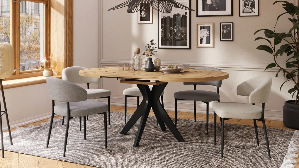 Mazzoni RENZO Artisan Tölgy/fekete láb - KEREK ASZTAL Ø110 180 cm-re BŐVÍTHETŐ | A KONYHÁBA ÉTKEZŐBE NAPPALIBA RETRO
