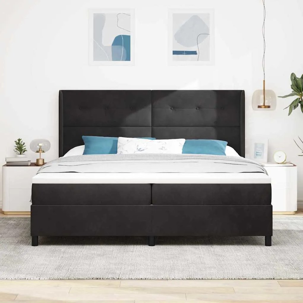 Boxrugós ágy fejtámlával Fekete 200 x 200 cm Bársony