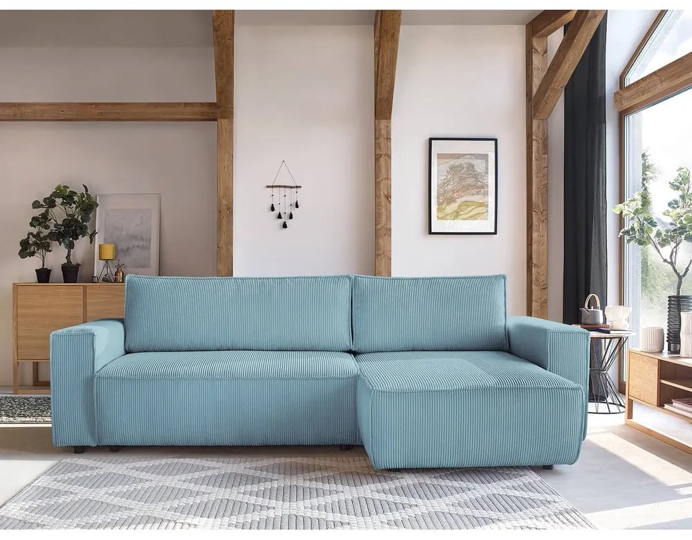 Mentazöld kordbársony kinyitható-tárolóhelyes sarokkanapé Nihad – Bobochic Paris