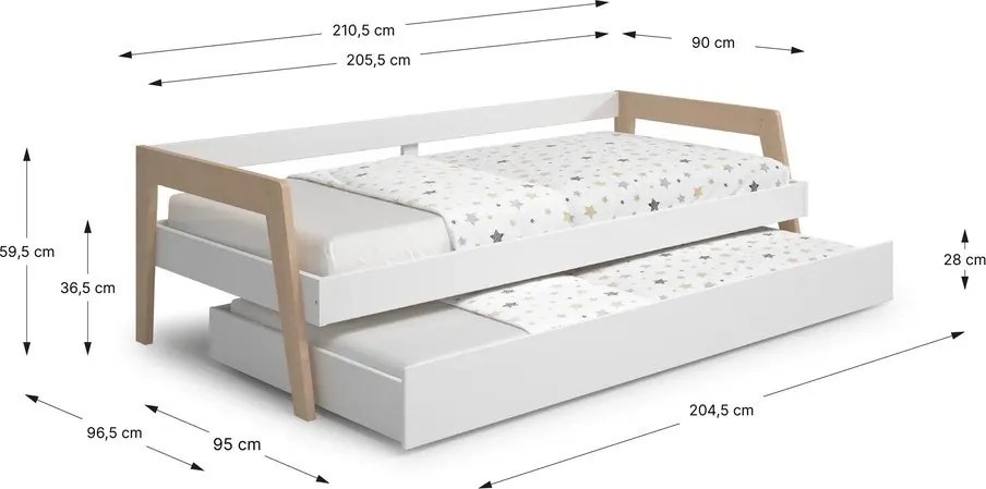Fehér borovi fenyő ágyneműtartós gyerekágy kihúzható pótággyal, ágyráccsal 90x200 cm Carrie – Marckeric