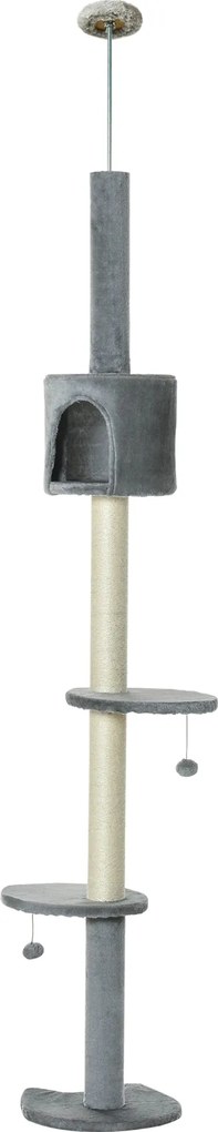 PawHut Macska Kaparófája, 217 cm Magas, Mennyezethez Rögzíthető, Tálcákkal, Bújóval, Zsákkal, Világosszürke | Aosom