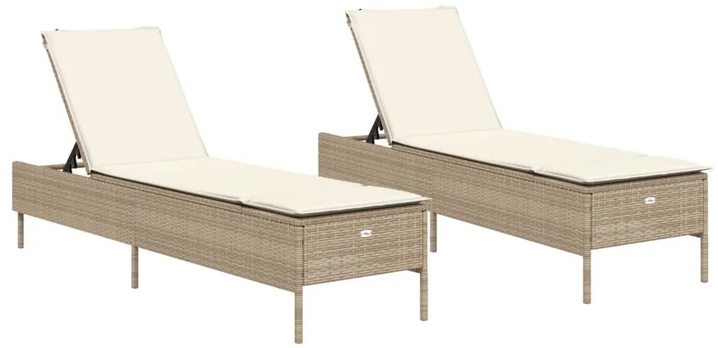 2 db bézs polyrattan napozóágy párnával
