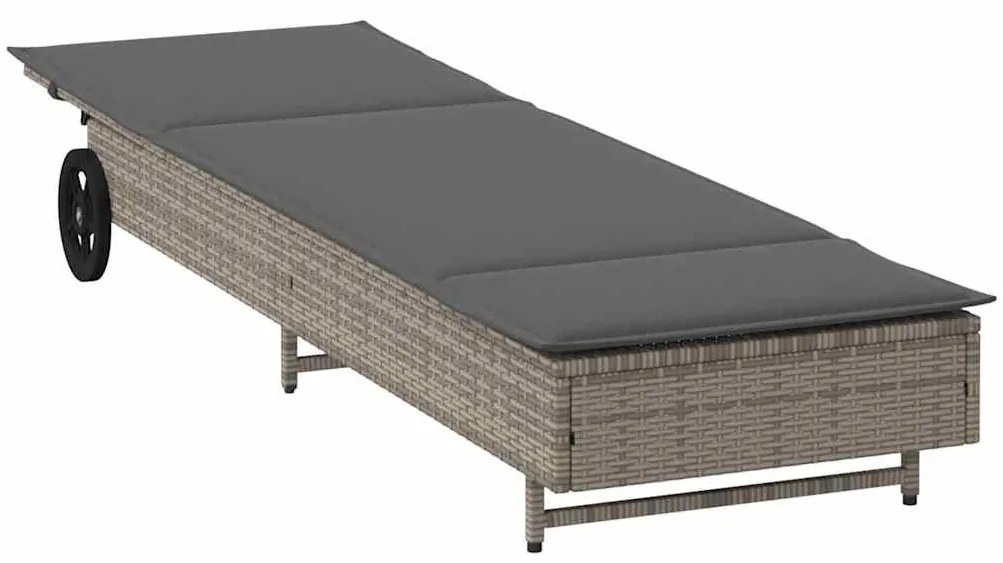Szürke polyrattan napozóágy kerekekkel és párnával