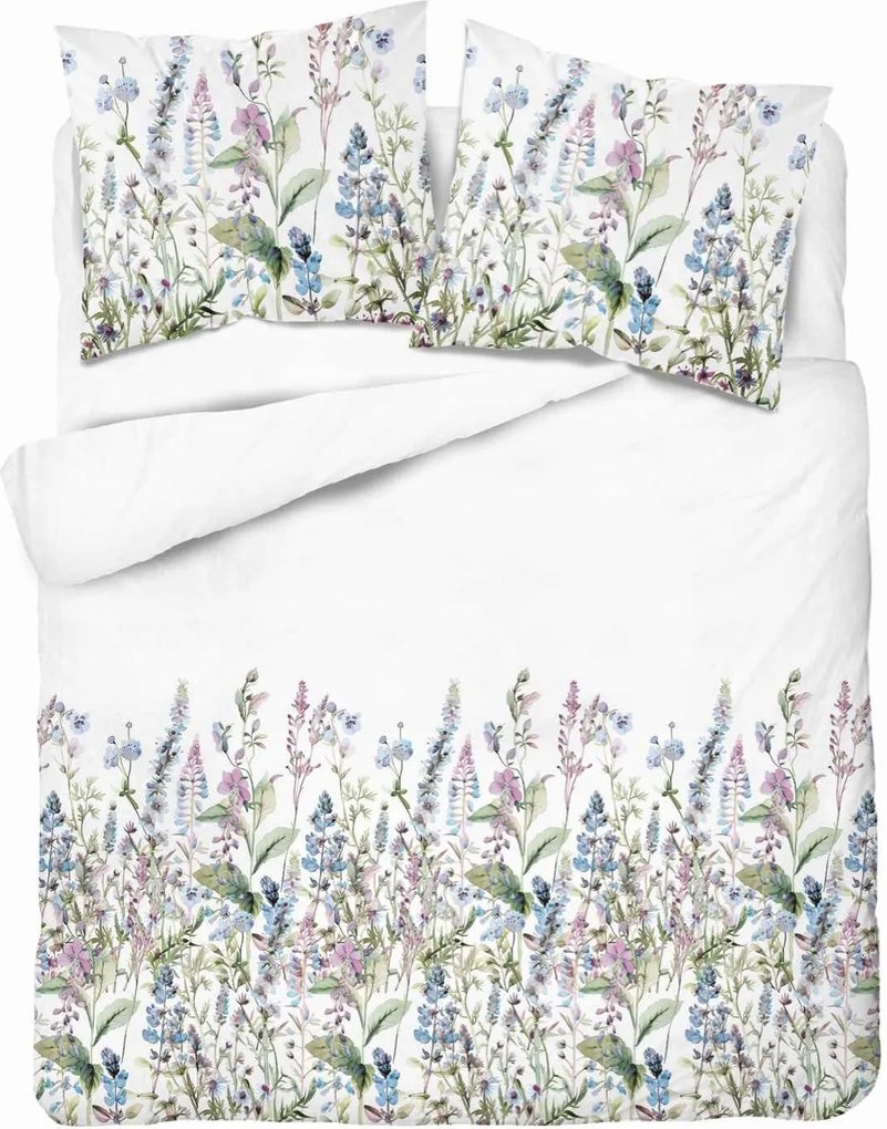 Szatén ágyneműhuzat 160x200 fehér, kék-lila virágokkal Satin Stories