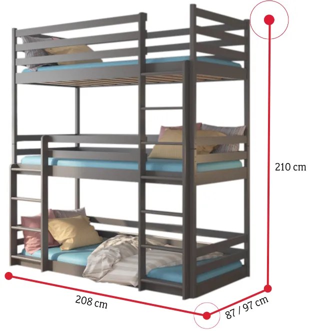 TEDROS emeletes gyerekágy + 3x matrac, 80x180, borovifenyő