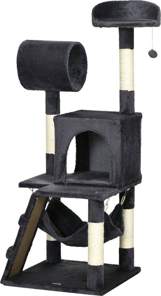 PawHut Forgácslapból Készült Macska Fa, Plüss és Zsineg Kaparóval, Macska Házzal, Hintaággyal, Ággyal, Túnellel és Játékgolyóval, 48x48x125cm, Sötétsz