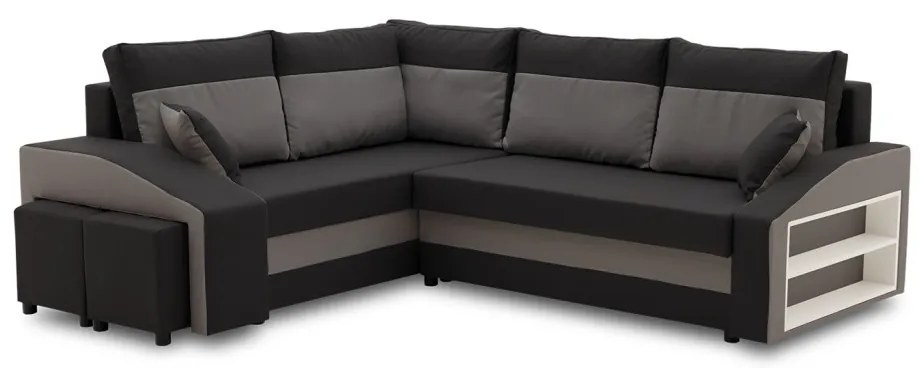 Grande sarokkanapé polcokkal és puffokkal , polc a jobb karfaban puffok a bal karfaban, baloldali, szövet anyag, bonell töltet, fekete - szürke