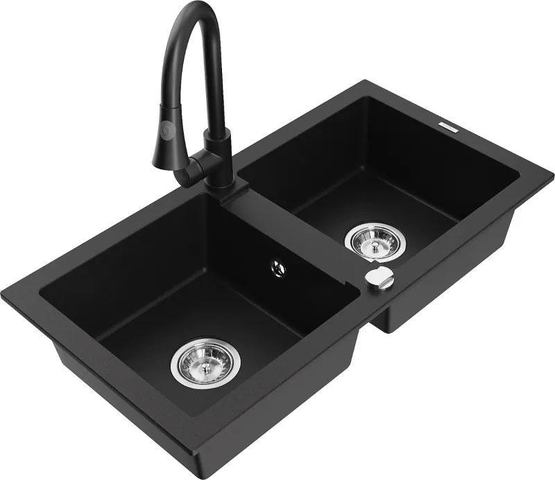 Mexen Mario kéttálcás gránit mosogató Elia konyhai csappal, fekete - 6504-77-670101-70