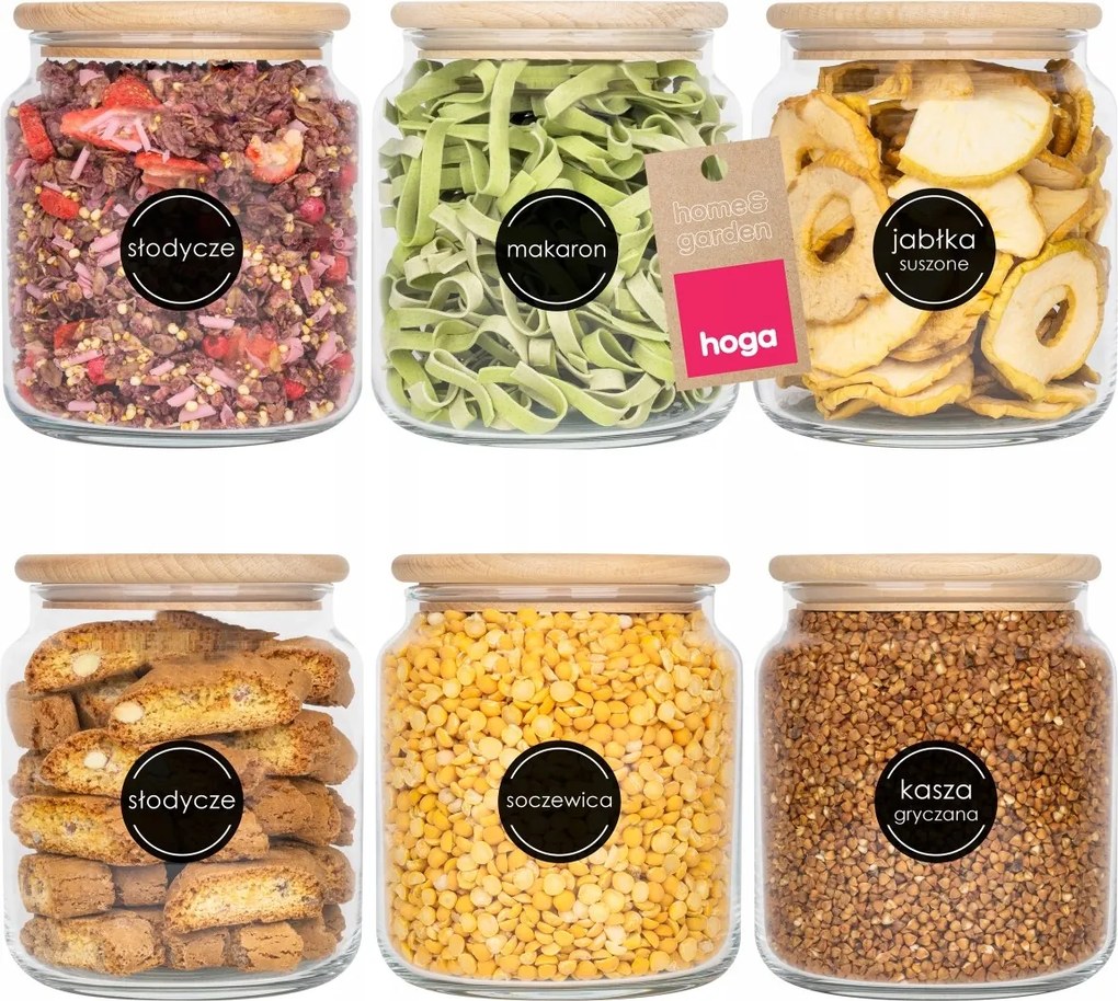 Üvegtároló Élelmiszerre, Szóródó Árunak, Tetővel 1080ml x6 Címkék