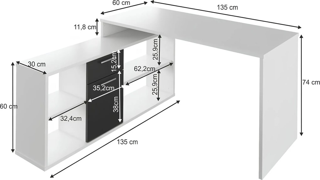 Sarok íróasztal, fehér/fekete, NOE NEW