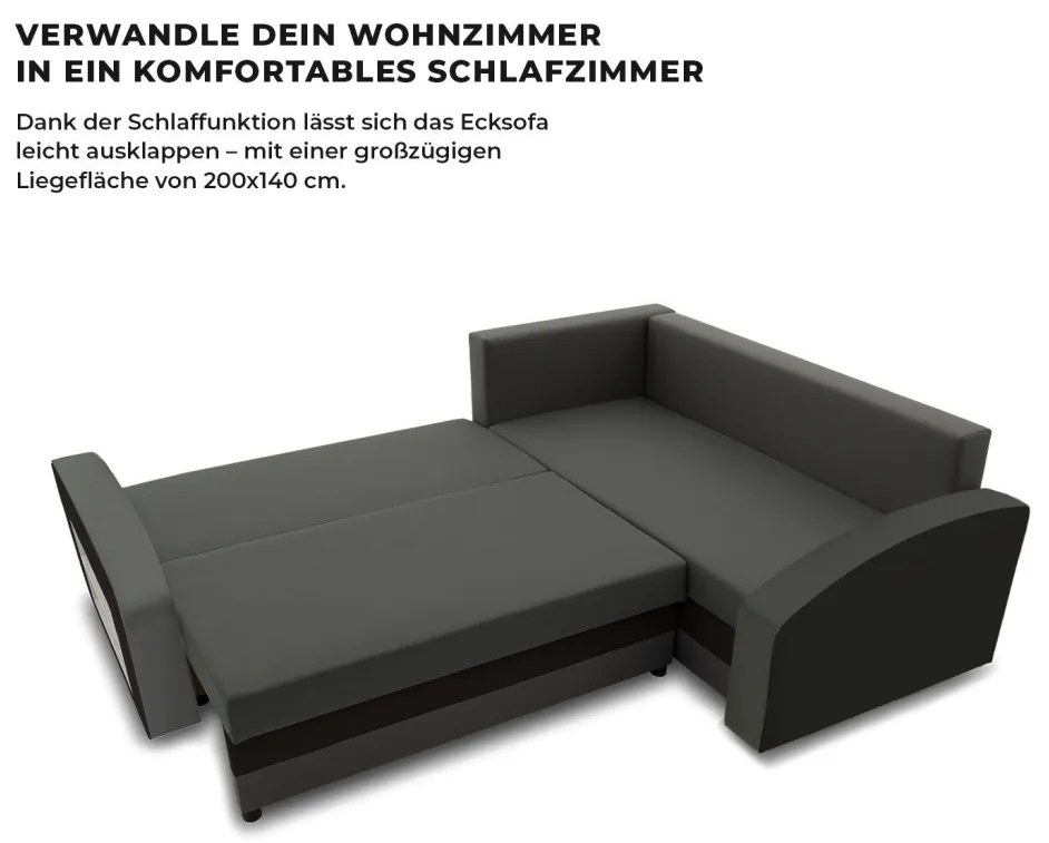 Grande sarokkanapé polcokkal , polc a bal karfaban, jobboldali, szövet anyag, hab töltet, szürke - fekete