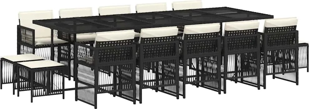 vidaXL 15 részes fekete polyrattan kerti étkezőgarnitúra párnákkal
