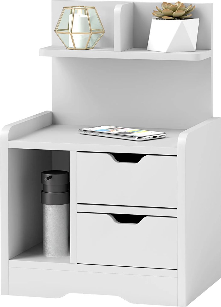 HOMCOM éjjeli szekrény, oldalsó asztal 2 fiókkal, nyitott rekesszel, modern éjjeli szekrény, fehér, 40 x 30 x 60 cm | Aosom