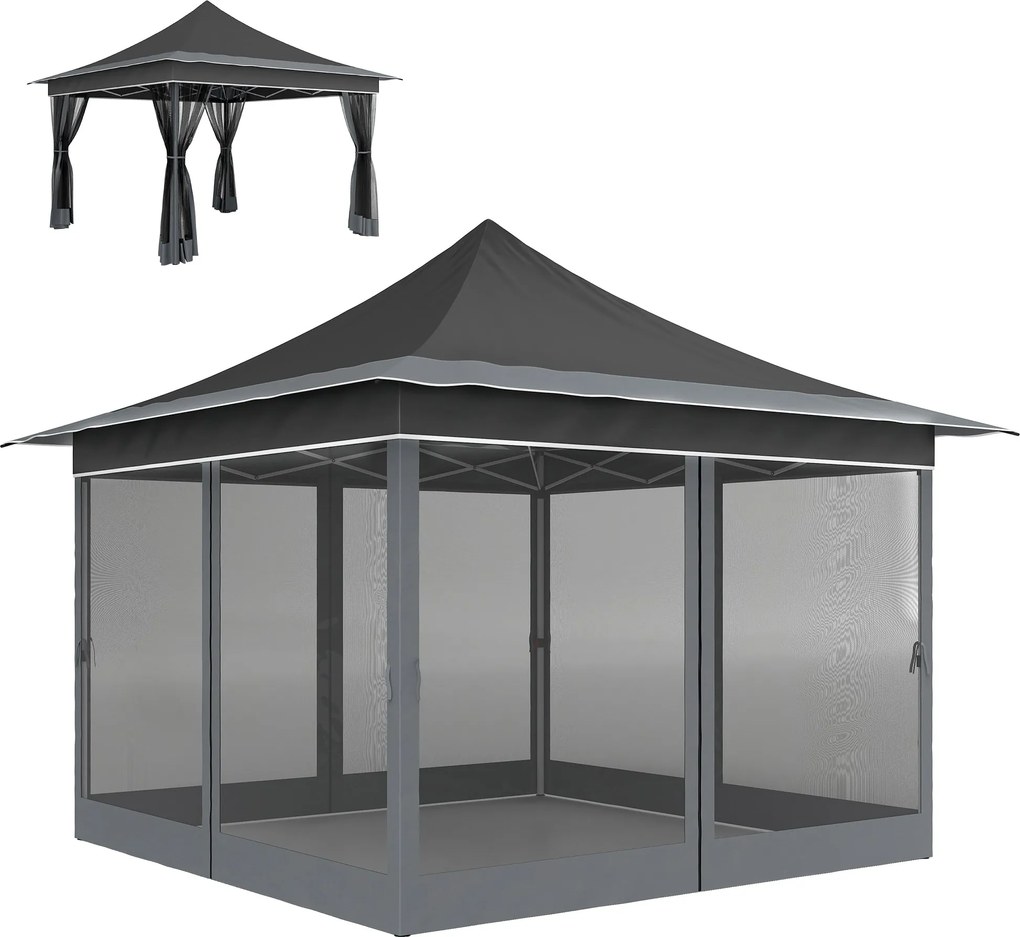 Outsunny Összecsukható Pavilon 3.5x3.5x3 m Kerti Napernyő Állítható Magassággal 4 Hálófal UV50+ Védelem Vízálló és Tartóztató Táska Kültéri Partihoz K