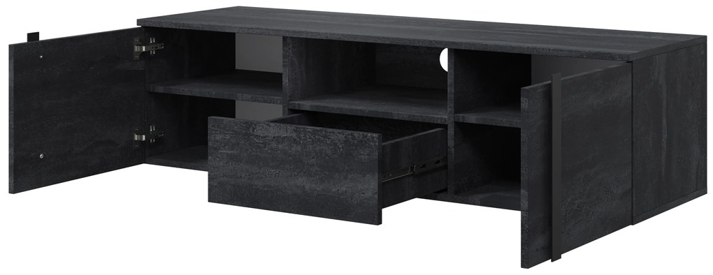 Verica 150 cm-es TV-szekrény, falra szerelhető, nyitott polccal - szénfekete / fekete fogantyúk