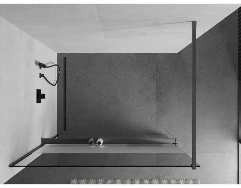 Mexen Kioto+, Walk-In zuhanyparaván polccal és akasztóval 100 x 200 cm, 8 mm-es átlátszó üvegfagy, grafit profil, 800-100-121-66-35
