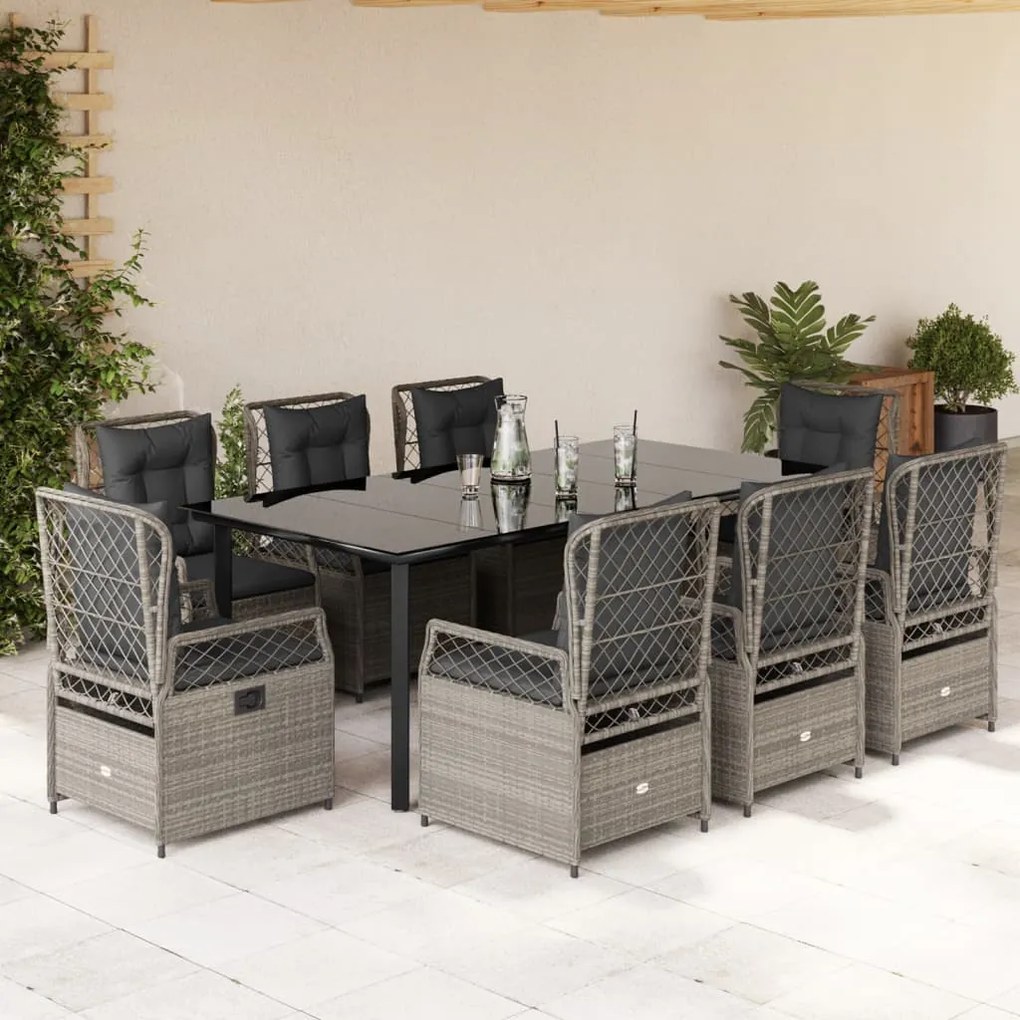 9részes világosszürke polyrattan kerti étkezőgarnitúra párnával