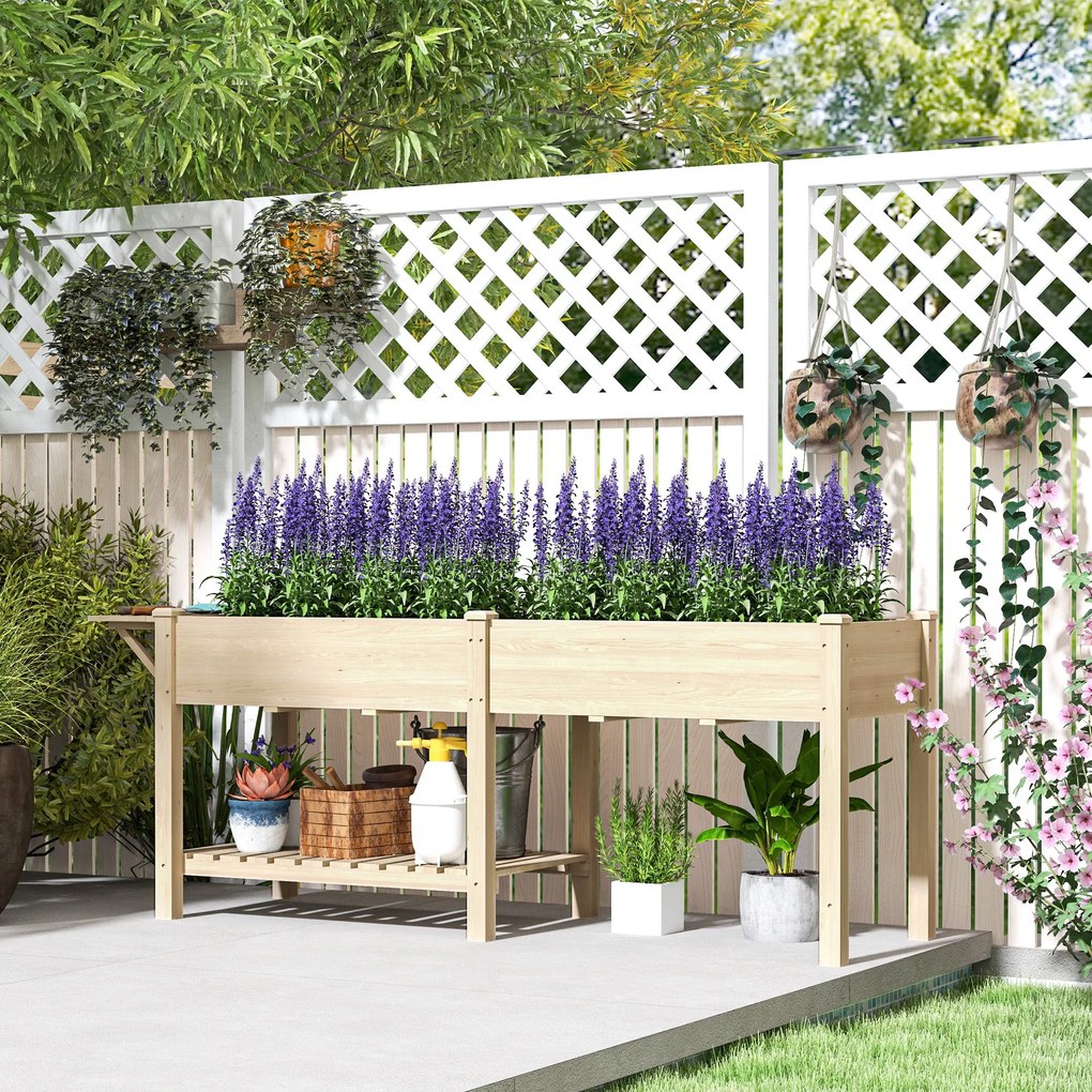 Outsunny Emelt Kerti Ágyás Lábakkal, Kerti Emelt Ágyás Tálca 2 Ültető Dozzal, Összecsukható Polc és Alsó Polc, Magasított Fa Kerti Ültető Virágokhoz,