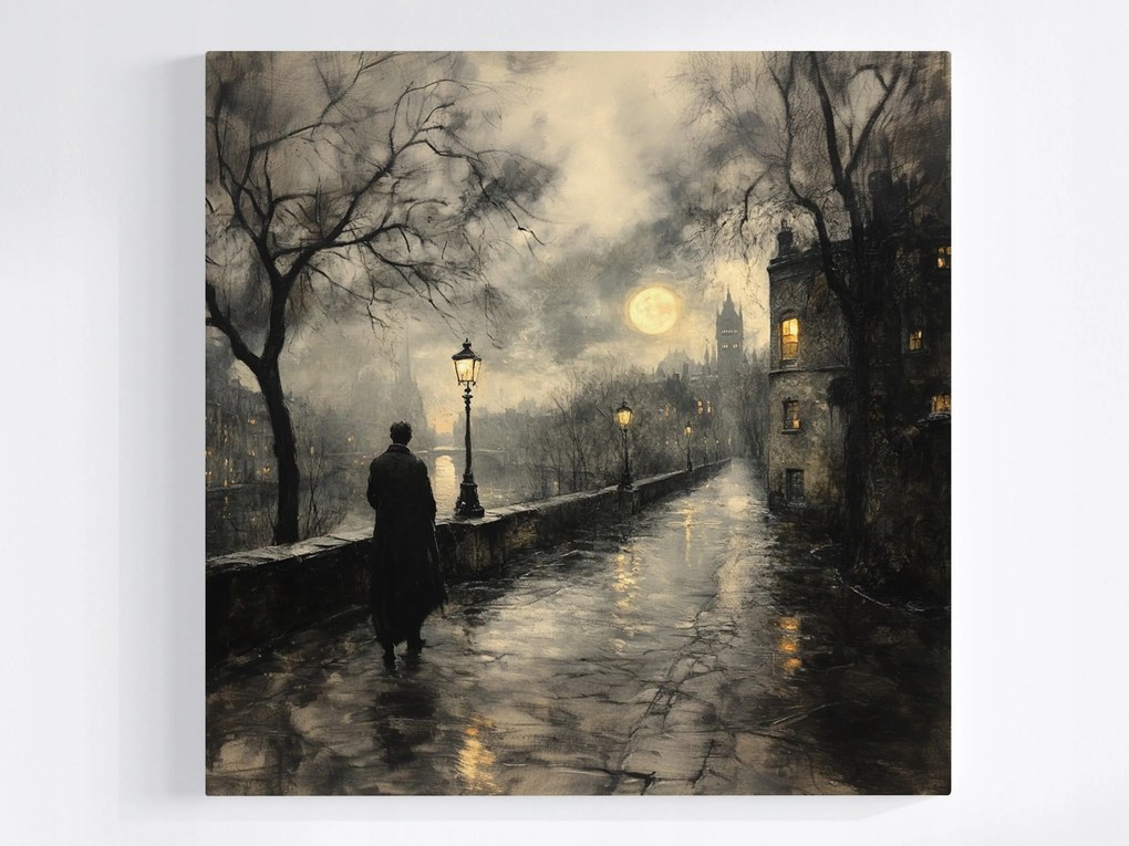 Poszter Város Anglia Folyó Hold Séta Sötét Éjszaka 40x40