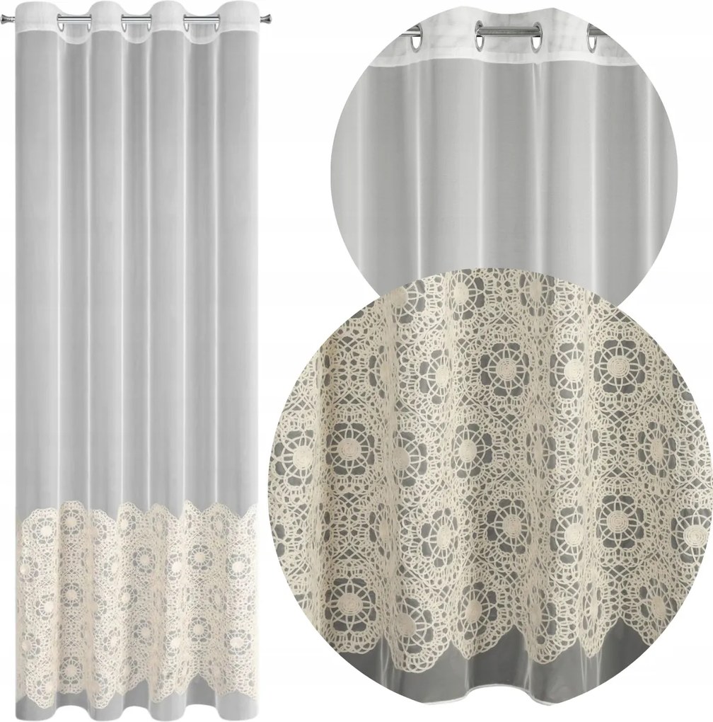 Függöny Kész Nyalóka Fehér Bézs Hímzés Virágok Átvezető Függöny 140x250cm