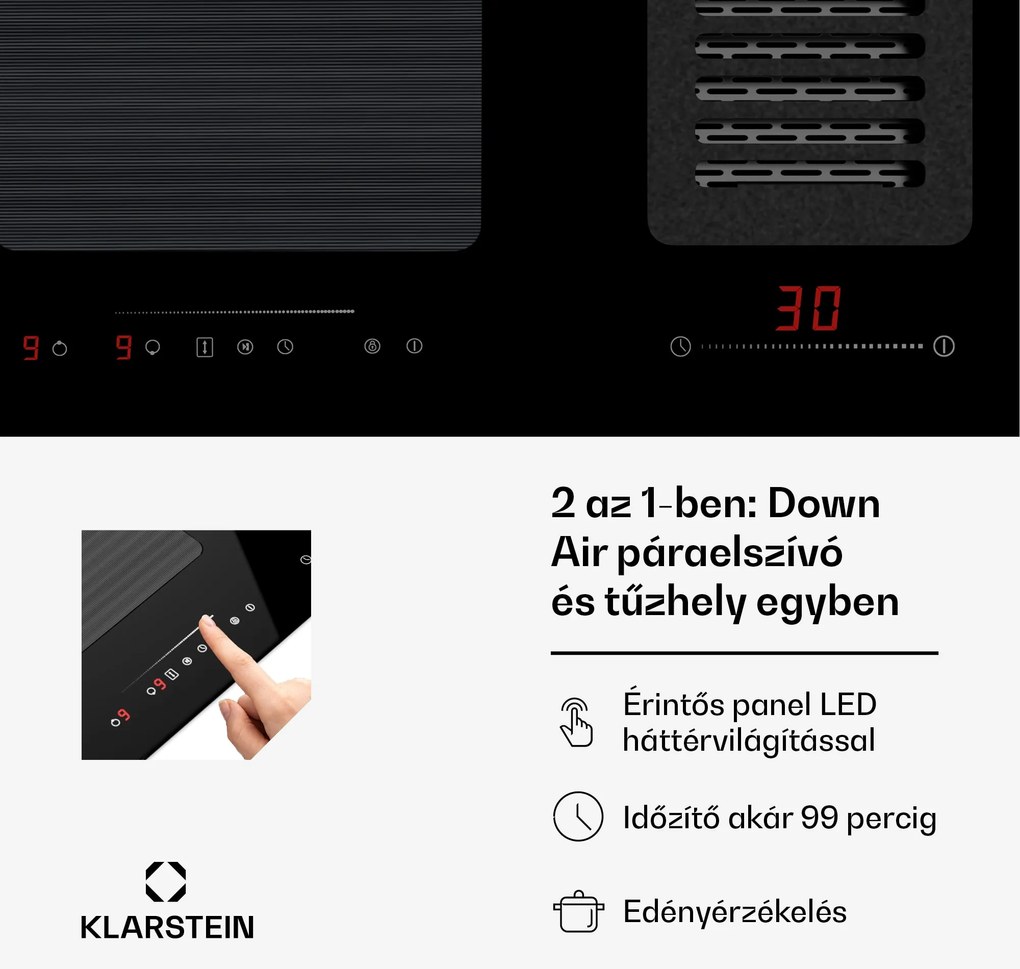Klarstein Full House 77 Down Air System, indukciós tűzhely + páraelszívó, 477 m³/h, A energiahatékonysági osztály