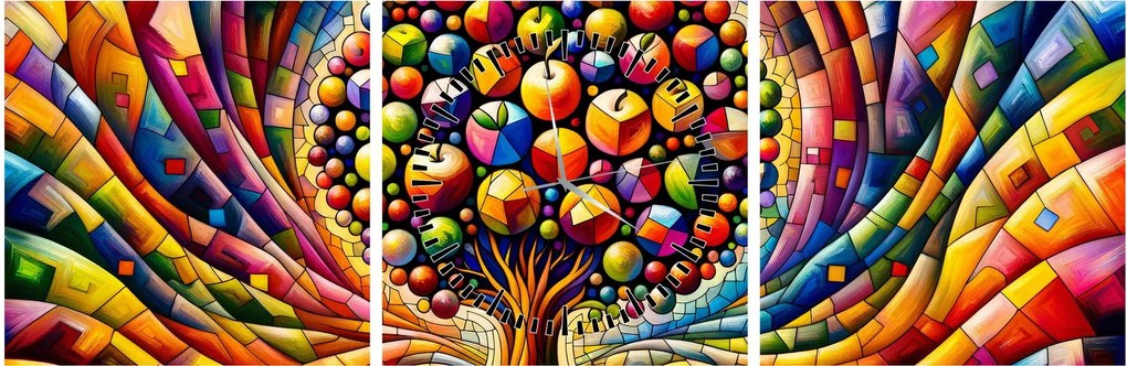 Kép – Színes fa almákkal (órával) (90x30 cm)
