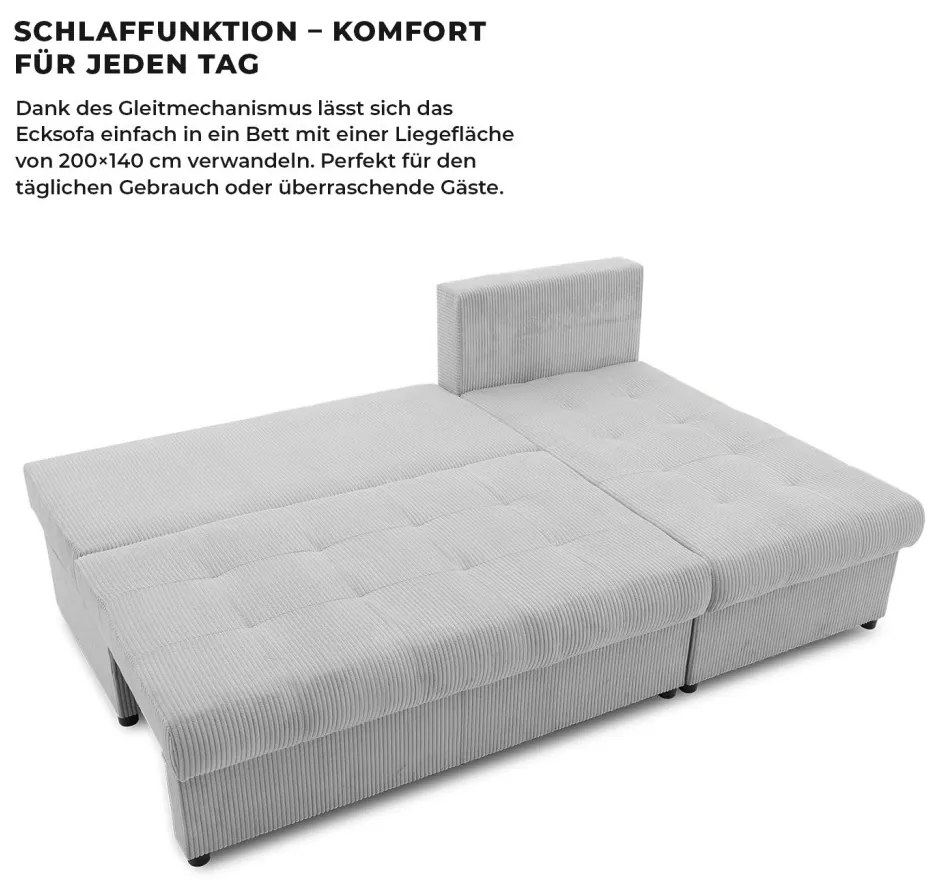 Venezia sarokkanapé, 3 ágyneműtartóval, kordbársony, univerzális oldal, hab töltet, szürke