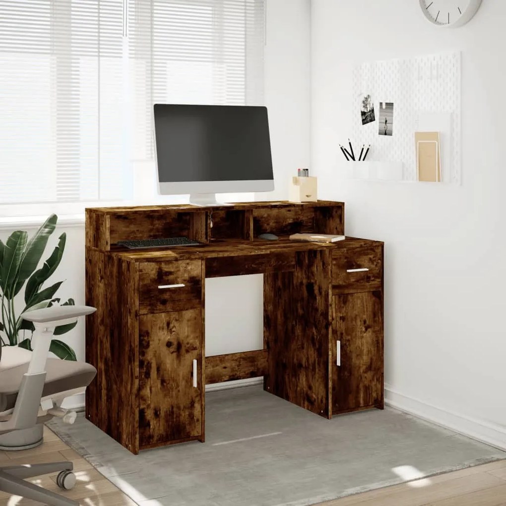 füstös tölgy színű szerelt fa íróasztal LED-ekkel 120x55x91 cm