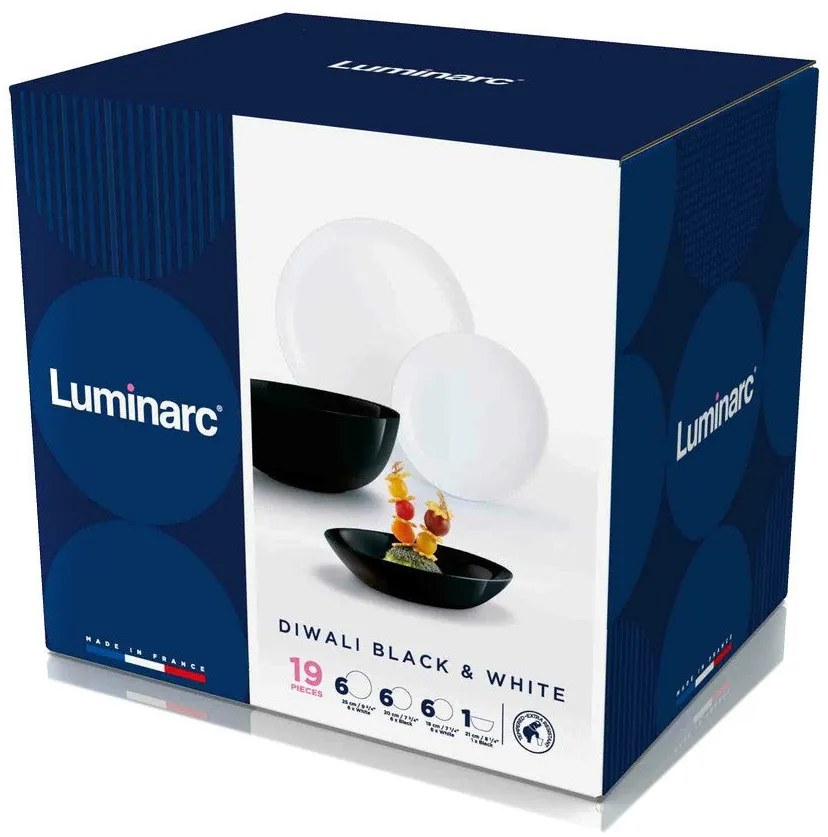 Luminarc Diwali üveg étkészlet 19 részes 6 személyes fehér fekete P4360