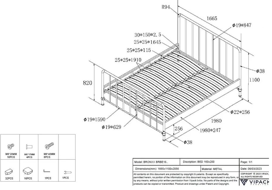 Kék fém franciaágy ágyráccsal 160x200 cm BRONXX – Vipack