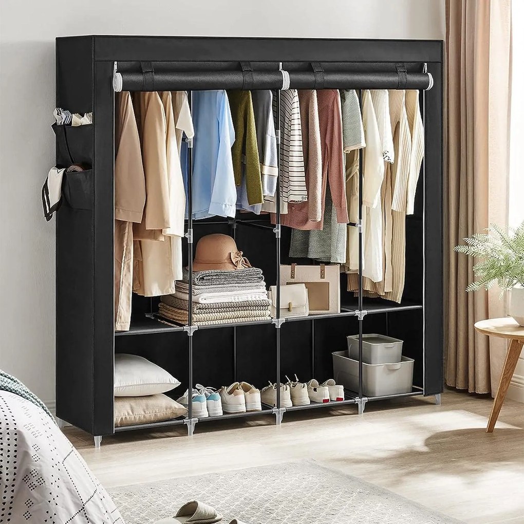 Szövet ruhásszekrény, ruharendező állvány 4 akasztósínnel, fekete