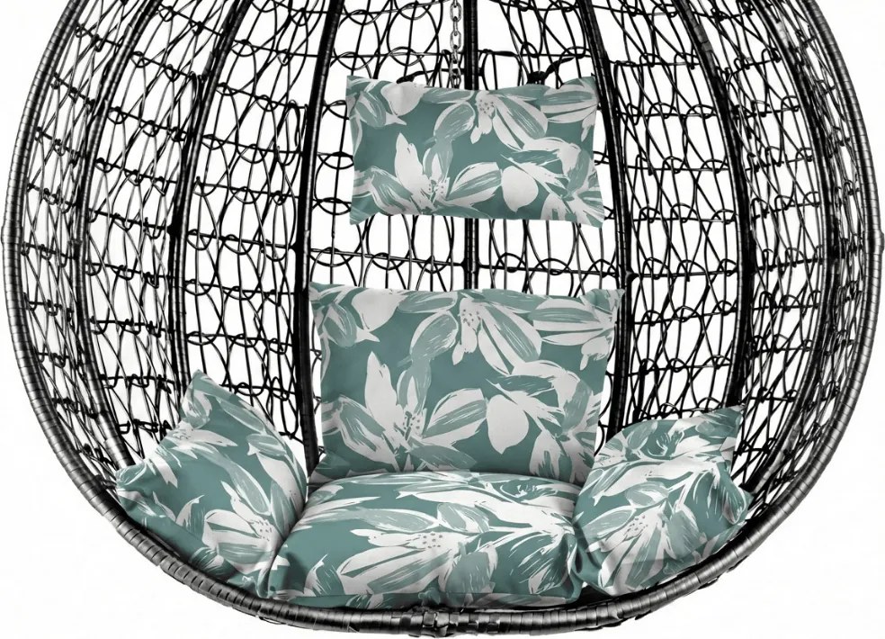 Fekete függő szék KOKON állvány nélkül, zöld-fehér párna