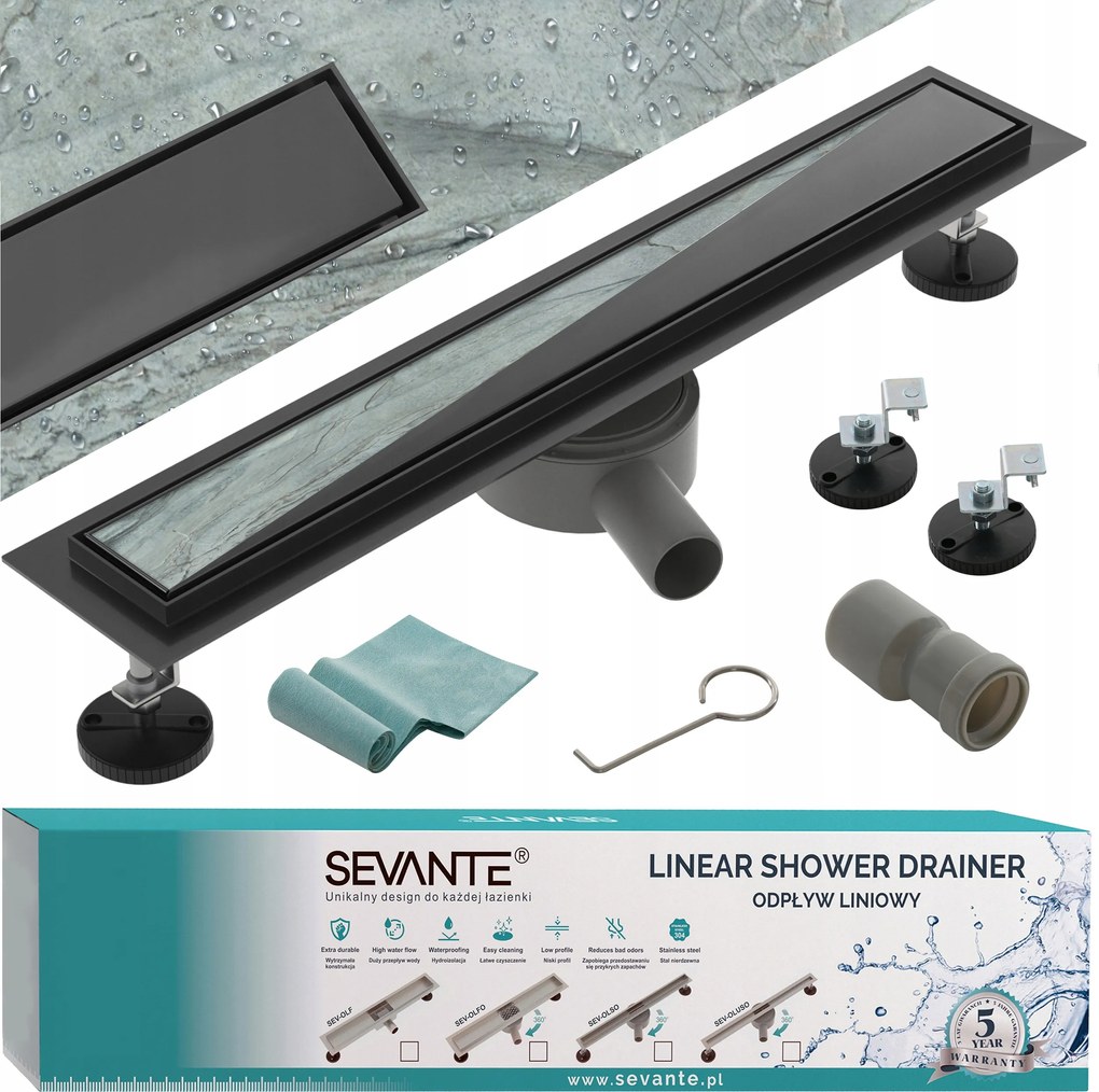 Lineáris lefolyó 70 cm Flat fekete forgó szifon rozsdamentes acél 304 Sevante