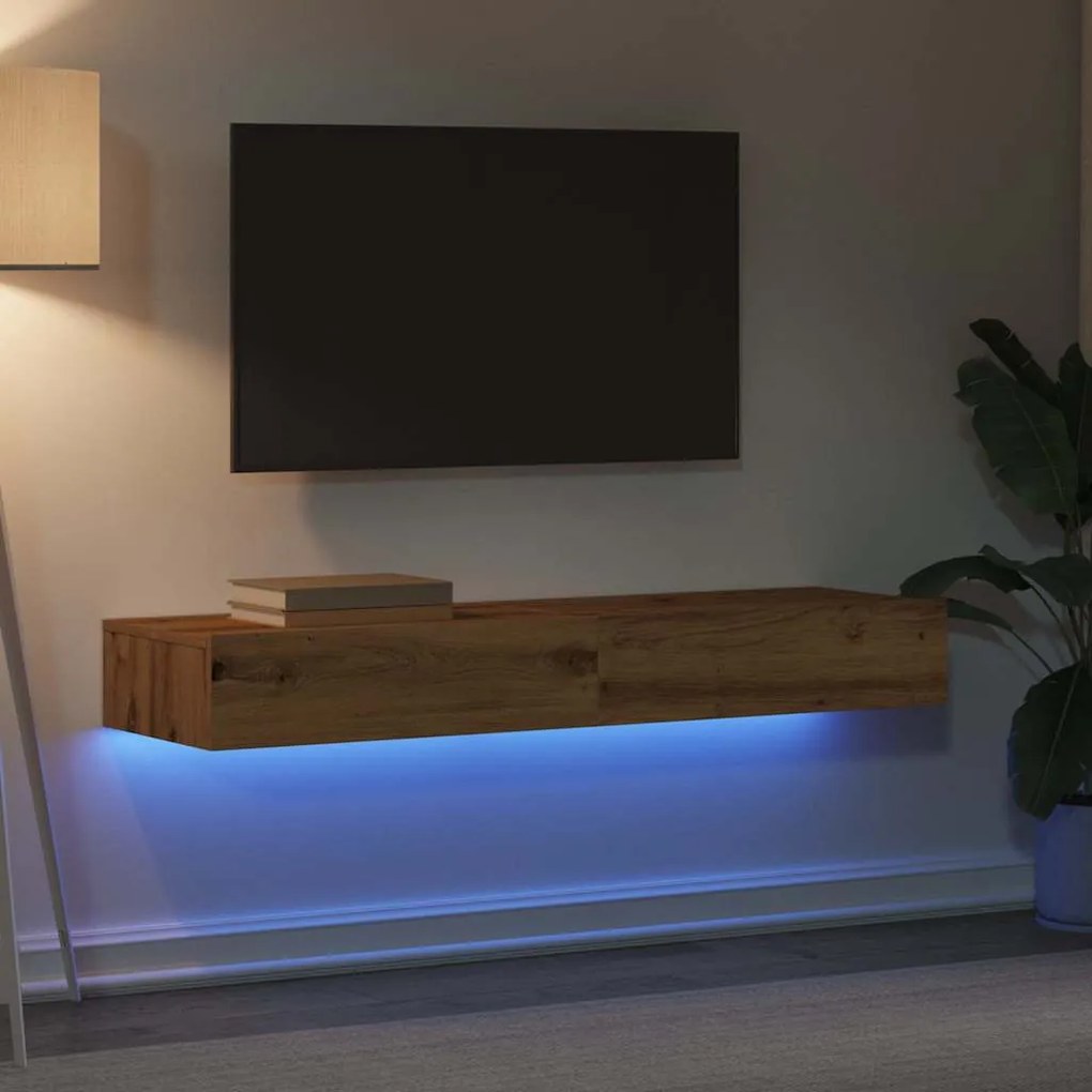 2 db kézműves tölgyszínű TV-szekrény LED-lámpákkal 60x35x15,5cm