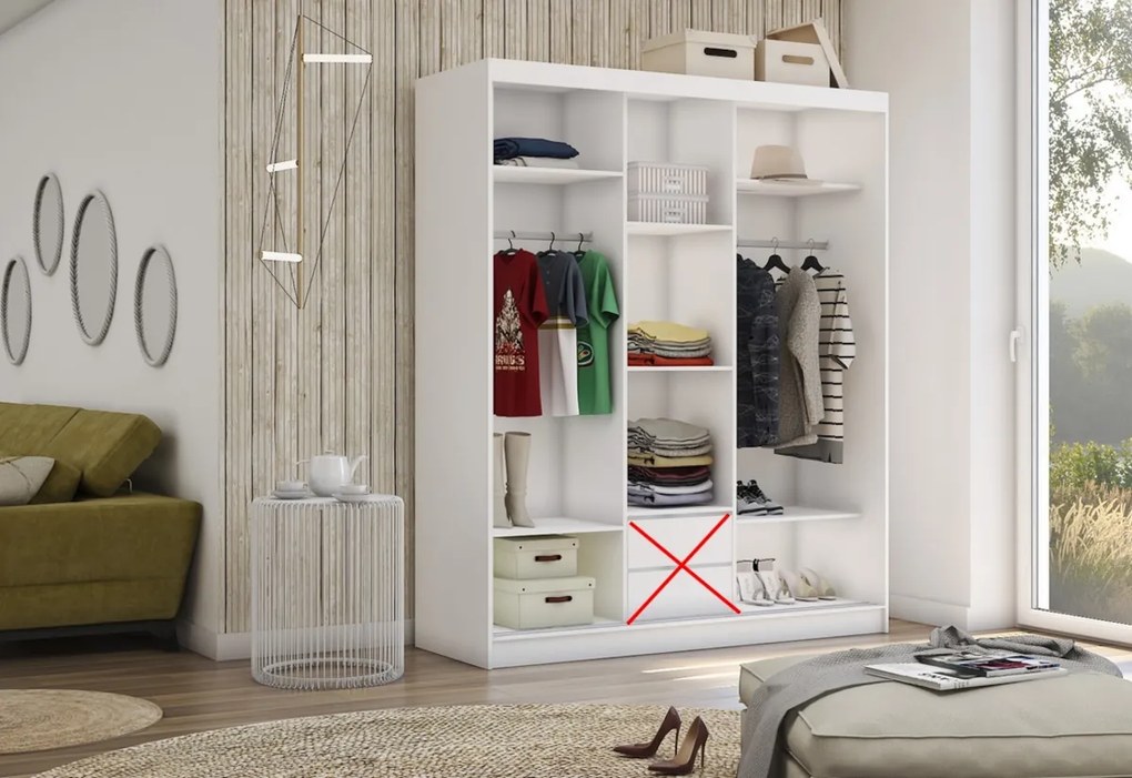 ELVIRA tolóajtós ruhásszekrény tükörrel, fehér, 150x216x61