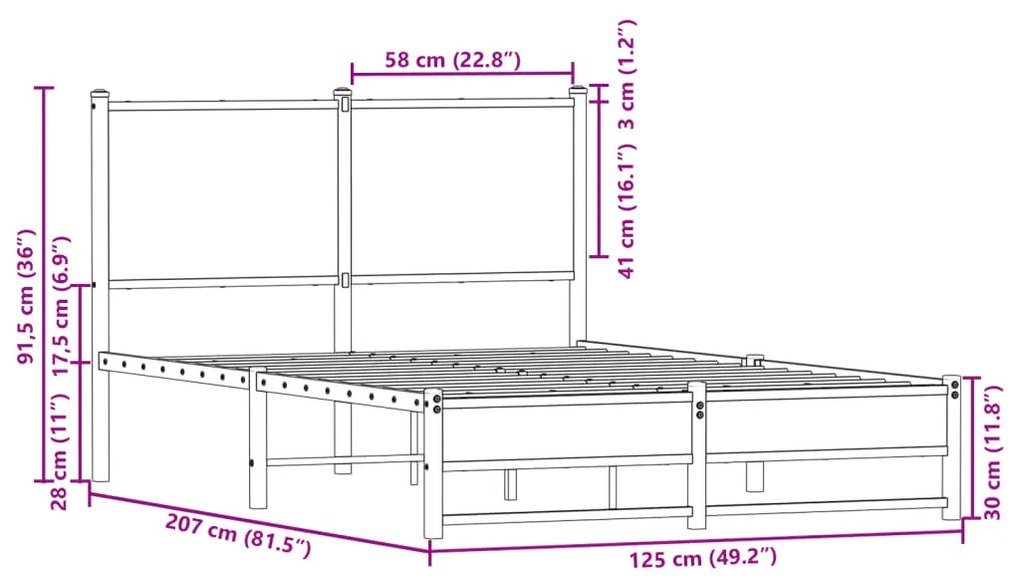 barna tölgy színű fém ágykeret matrac nélkül 120 x 200 cm