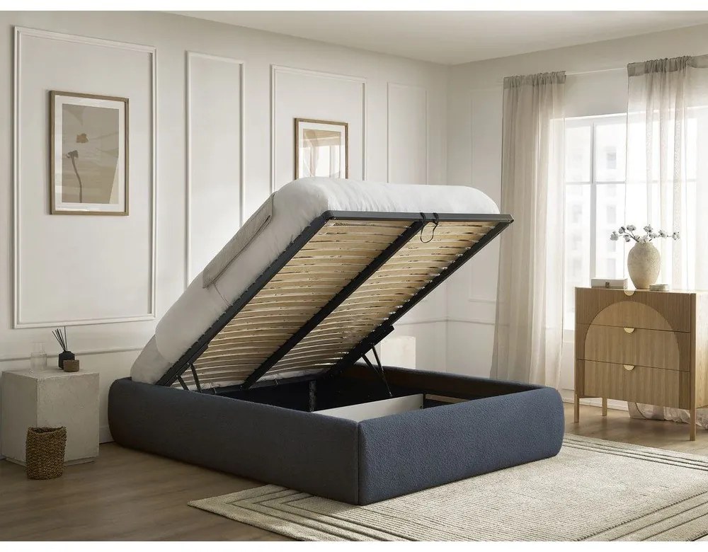 Sötétkék kárpitozott ágyneműtartós franciaágy ágyráccsal, ágytámla nélkül 180x200 cm Inera – Bobochic Paris